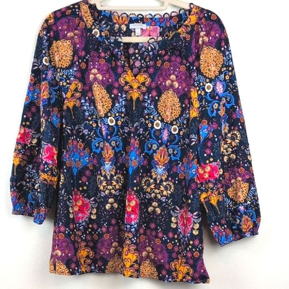 Talbot's Pleated Sleeve Poplin Blouse Top In Floral Medallion Size L - Picture 2 of 10